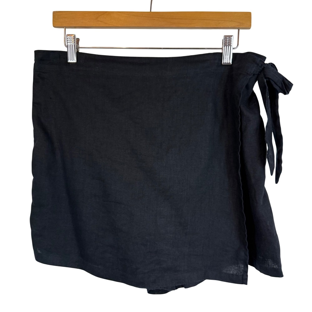 C&C California 100% Linen Skort L Black Wrap Tie Mini Coastal Resort Minimalist
